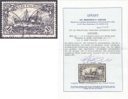 Briefmarken/Briefe/Postkarten der Kolonien und Nebengebiete
Kiautschou
1 1/2 Dollar schwarz(grau)violett 1905, sauber entwertet mit dem Stempel ,,TS...