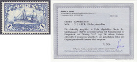 Briefmarken/Briefe/Postkarten der Kolonien und Nebengebiete
Kiautschou
1 Dollar dunkelblau 1906, ungebraucht mit Falz, Wasserzeichen 1, Zähnung 26:1...