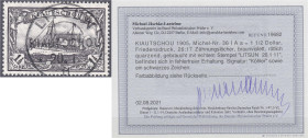 Briefmarken/Briefe/Postkarten der Kolonien und Nebengebiete
Kiautschou
1 1/2 Dollar Freimarke 1905, traumhaft schöne Entwertung ,,LITSUN 20.1 11", Z...