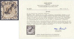 Briefmarken/Briefe/Postkarten der Kolonien und Nebengebiete
Marianen
3 Pf. Freimarke 1899, diagonaler Aufdruck, entwertet mit dem Tagesstempel ,,SAI...
