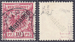 Briefmarken/Briefe/Postkarten der Kolonien und Nebengebiete
Marianen
10 Pf. rotkarmin 1899/1900, sauber gestempelt, diagonaler Aufdruck 48°, tiefst/...