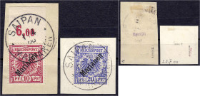 Briefmarken/Briefe/Postkarten der Kolonien und Nebengebiete
Marianen
10 Pf. + 20 Pf. Freimarken (Aufdruck 48°) 1899/1900, traumhaft entwertet auf zw...