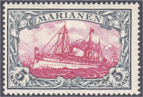 Briefmarken/Briefe/Postkarten der Kolonien und Nebengebiete
Marianen
5 Mark grünschwarz/dunkelkarmin 1901, sauber in ungebrauchter Erhaltung mit Fal...