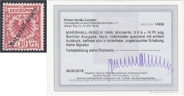 Briefmarken/Briefe/Postkarten der Kolonien und Nebengebiete
Marshall-Inseln
10 Pf. lilarot/hellzinnober (Berliner Ausgabe) 1899, ungebraucht mit Fal...