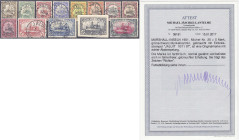 Briefmarken/Briefe/Postkarten der Kolonien und Nebengebiete
Marshall-Inseln
3 Pf. - 5 M. Freimarken 1901/1916, kompletter Satz in gestempelter Erhal...