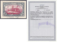 Briefmarken/Briefe/Postkarten der Kolonien und Nebengebiete
Marshall-Inseln
5 M. grünschwarz/dunkelkarmin 1901, sauber entwertet auf Briefstück mit ...