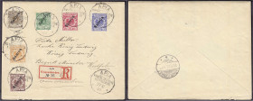 Briefmarken/Briefe/Postkarten der Kolonien und Nebengebiete
Samoa
3 Pf. - 50 Pf. Krone/Adler 1900/1901, kompletter R-Satzbrief mit der Entwertung ,,...