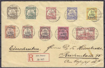 Briefmarken/Briefe/Postkarten der Kolonien und Nebengebiete
Samoa
3 Pf. - 1 M. Kaiseryacht 1900/1901, die ersten 10 Werte auf R-Brief mit zentrische...