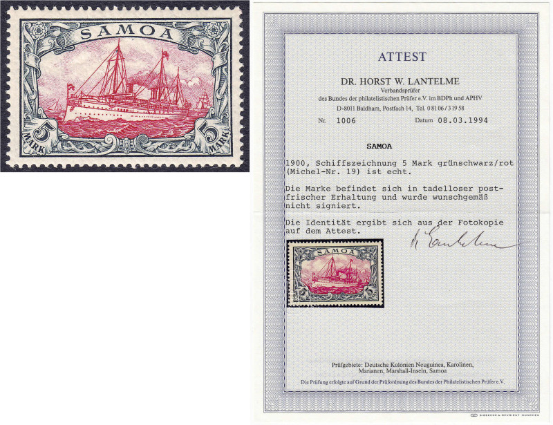 Briefmarken/Briefe/Postkarten der Kolonien und Nebengebiete
Samoa
5 M. Kaisery...
