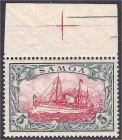 Briefmarken/Briefe/Postkarten der Kolonien und Nebengebiete
Samoa
5 M. grünschwarz/bräunlichkarmin 1900/1901, postfrisches Oberrandstück in Luxuserh...