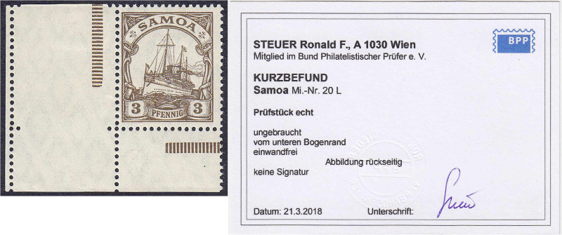 Briefmarken/Briefe/Postkarten der Kolonien und Nebengebiete
Samoa
3 Pf. (dunke...