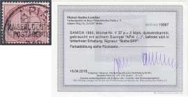 Briefmarken/Briefe/Postkarten der Kolonien und Nebengebiete
Samoa
Vorläufer
2 Mark dunkelrotkarmin 1892/1900, gebraucht mit echtem Stempel ,,APIA (...