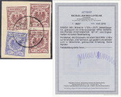 Briefmarken/Briefe/Postkarten der Kolonien und Nebengebiete
Samoa
Vorläufer
50 Pf. und 20 Pf. Freimarken 1890/1899, sauber entwertetes Briefstück ,...