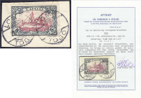 Briefmarken/Briefe/Postkarten der Kolonien und Nebengebiete
Togo
5 M. Kaiseryacht 1900/1919, gestempelt auf Briefstück mit der Entwertung ,,LOME TOG...