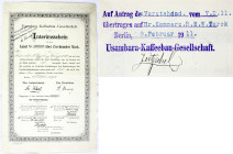 Varia-Kolonien und Nebengebiete
Deutsch-Ostafrika
Interimsschein über 200 Mark vom 2. Oktober 1894 der Usambara-Kaffeebau-Gesellschaft. Ausgestellt ...