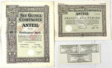 Varia-Kolonien und Nebengebiete
Deutsch-Neuguinea
2 Anteilscheine der Neuguinea-Compagnie: 500 Mark 1914 (mit 3 Coupons) und 20 Mark 1926. II