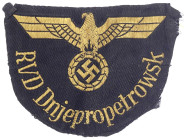 Varia-Kolonien und Nebengebiete
Reichskommissariat Ukraine
Ärmelabzeichen der Reichsbahn RVD Dnjepropetrowsk. Stoff, 83 x 60 mm. sehr schön