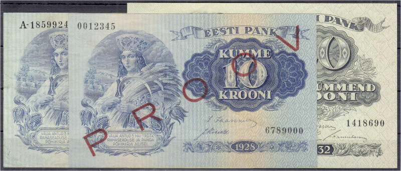 Banknoten
Ausland
Estland
3 Scheine zu 10 Krooni „Specimen“, 10 u. 20 Krooni ...