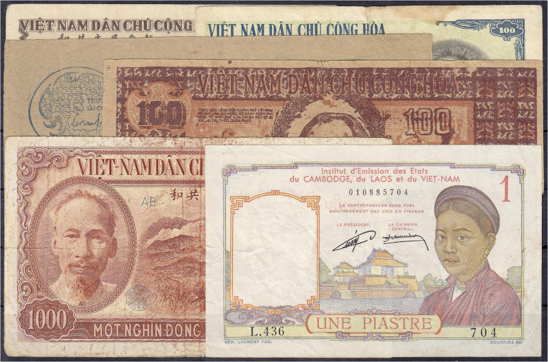 Banknoten
Ausland
Vietnam
6 Scheine zu 50, 3x 100, 1000 Dong und zu 1 Piaster...