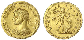 Römische Goldmünzen
Kaiserzeit
Aurelianus, 270-275
Aureus 273, Antiochia. Belorb., kürassierte Büste l./VIRTVS ILLYRICI. Mars geht n.r. mit geschul...