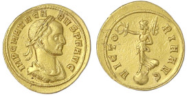 Römische Goldmünzen
Kaiserzeit
Carus, 282-285
Aureus 282/283, Siscia. Belorb., gepanzertes Brb. r./VICTORIA AVG. Victoria steht auf Globus l. 4,75 ...