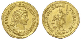 Römische Goldmünzen
Kaiserzeit
Diokletian, 284-305
Aureus 284/286, Antiochia. Drapiertes, belorb. Brb. r./IOVI CONSERVATORI AVG SMA. Jupiter steht ...
