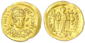 Byzantinische Goldmünzen
Kaiserreich
Justinus I., 518-527
Solidus 518/527, Constantinopel, 10. Offizin. Brb. v.v. mit Helm/VICTORIA AVGGG I CONOB. ...