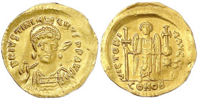 Byzantinische Goldmünzen
Kaiserreich
Justinian I., 527-565
Solidus 527/565, Constantinopel, 9. Offizin. 4,41 g. vorzüglich/Stempelglanz, min. gewel...