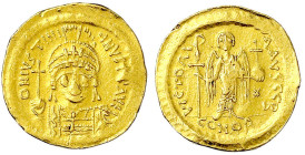 Byzantinische Goldmünzen
Kaiserreich
Justinian I., 527-565
Solidus 527/565, Constantinopel, 2. Offizin. 4,43 g. sehr schön/vorzüglich. Sear 140.