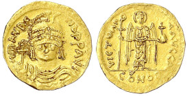 Byzantinische Goldmünzen
Kaiserreich
Mauricius Tiberius, 582-602
Solidus 582/602, Constantinopel, 1. Off. Büste mit Kreuzglobus v.v./VICTOR AVGG A....
