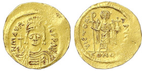 Byzantinische Goldmünzen
Kaiserreich
Mauricius Tiberius, 582-602
Solidus 582/602, Constantinopel, Offizin unleserlich. Büste mit Kreuzglobus v.v./V...