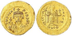 Byzantinische Goldmünzen
Kaiserreich
Focas, 602-610
Solidus 602/610, Constantinopel, 6. Offizin. 4,48 g. vorzüglich, Revers min. Prägeschwäche. Sea...