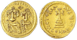 Byzantinische Goldmünzen
Kaiserreich
Heraclius, 610-641
Solidus 626/629, Constantinopel, 9. Offizin 4,43 g. gutes sehr schön. Sear 743.