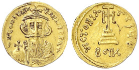 Byzantinische Goldmünzen
Kaiserreich
Constans II., 641-668
Solidus zu 23 Siliquae 651/654 Constantinopel, 9. Offizin mit Mzst.-Angabe BOΓK (in Liga...