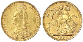 Ausländische Goldmünzen und -medaillen
Australien
Victoria, 1837-1901
Sovereign 1893 M, Melbourne. 7,99 g. 917/1000. gutes sehr schön, kl. Randfehl...