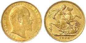 Ausländische Goldmünzen und -medaillen
Australien
Edward VII., 1902-1910
Sovereign 1904 M, Melbourne. 7,99 g. 917/1000. sehr schön. Spink. 3971.