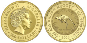 Ausländische Goldmünzen und -medaillen
Australien
Elisabeth II., 1952-2022
200 Dollars Känguruh 2005. 2 Unzen Feingold. In Kapsel. Auflage nur 2209...