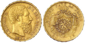 Ausländische Goldmünzen und -medaillen
Belgien
Leopold II., 1865-1909
20 Francs 1871. Kurzer Bart. Pos. A. 6,45 g. 900/1000. vorzüglich. Krause/Mis...