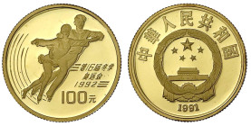 Ausländische Goldmünzen und -medaillen
China
Volksrepublik, seit 1949
100 Yuan 1991, Olympiade 1992. Eis-Paarlauf. 10,38 g. Feingold. In Kapsel. Po...