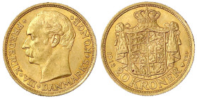 Ausländische Goldmünzen und -medaillen
Dänemark
Frederik VIII., 1906-1912
20 Kronen 1912 VBP. 8,96 g. 900/1000. vorzüglich. Friedberg 297. Hede 1....