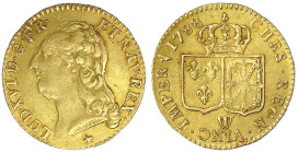 Ausländische Goldmünzen und -medaillen
Frankreich
Ludwig XVI., 1774-1793
Louis d`or 1788 W, über 1786. Lille. 7,65 g. vorzüglich, selten. Gadoury 3...