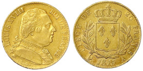 Ausländische Goldmünzen und -medaillen
Frankreich
Ludwig XVIII., 1814/1815-1824
20 Francs 1815 A, Paris. 6,45 g. 900/1000. sehr schön. Krause/Mishl...