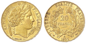 Ausländische Goldmünzen und -medaillen
Frankreich
Zweite Republik, 1848-1852
20 Francs Cereskopf 1851 A, Paris. 6,45 g. 900/1000. vorzüglich, kl. K...