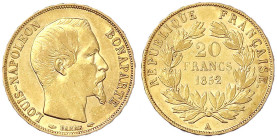Ausländische Goldmünzen und -medaillen
Frankreich
Napoleon III., 1852-1870
20 Francs 1852 A, Paris. Einzeltyp. 6,45 g. 900/1000. vorzüglich, winz. ...