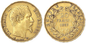 Ausländische Goldmünzen und -medaillen
Frankreich
Napoleon III., 1852-1870
20 Francs 1857 A, Paris. 6,45 g. 900/1000. sehr schön. Krause/Mishler 78...
