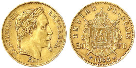Ausländische Goldmünzen und -medaillen
Frankreich
Napoleon III., 1852-1870
20 Francs 1868 BB, Straßburg. 6,45 g. 900/1000. vorzüglich. Krause/Mishl...
