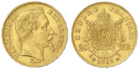 Ausländische Goldmünzen und -medaillen
Frankreich
Napoleon III., 1852-1870
20 Francs 1869 BB, Straßburg. 6,45 g. 900/1000. gutes vorzüglich. Krause...