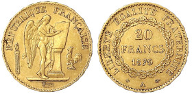 Ausländische Goldmünzen und -medaillen
Frankreich
Dritte Republik, 1871-1940
20 Francs stehender Genius 1879 A. 6,45 g. 900/1000. gutes sehr schön....