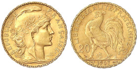 Ausländische Goldmünzen und -medaillen
Frankreich
Dritte Republik, 1871-1940
20 Francs Hahn 1907. 6,45 g. 900/1000. vorzüglich/Stempelglanz. Friedb...