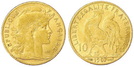 Ausländische Goldmünzen und -medaillen
Frankreich
Dritte Republik, 1871-1940
10 Francs Hahn 1907. 3,23 g. 900/1000. fast sehr schön. Friedberg 597....